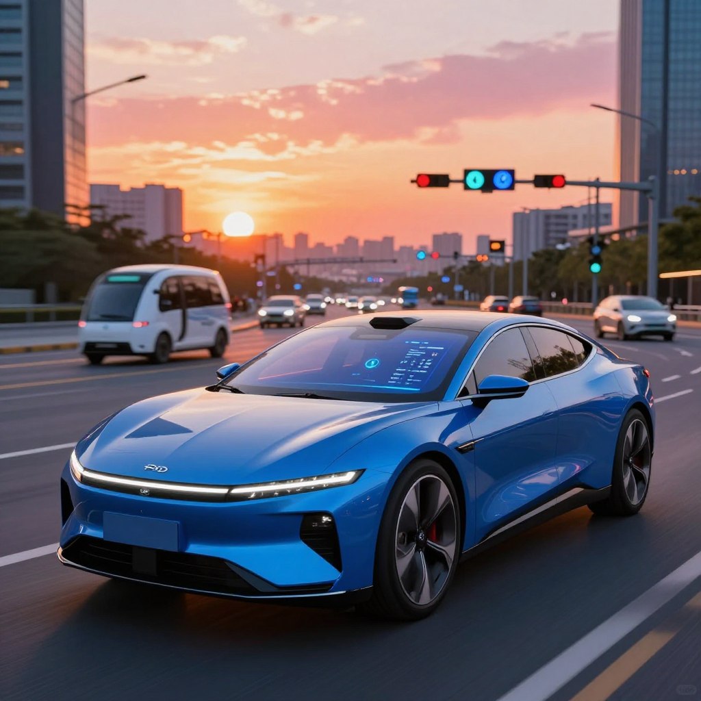 A futuristic Ford 2026 vehicle showcased prominently in the foreground, embodying advanced technology with sleek lines and a vibrant electric blue finish. The car is equipped with interactive digital displays seamlessly integrated into the dashboard, showcasing real-time data and navigation. In the middle ground, a modern cityscape unfolds, with smart traffic systems and autonomous vehicles in motion, illustrating the future of urban mobility. The background features a sunset sky with bright hues of orange and pink, casting a warm glow on the scene, and reflecting off the car’s surfaces. The atmosphere is dynamic and inspiring, suggesting innovation and progress. The image is shot at a low angle, emphasizing the vehicle's stature and advanced design.