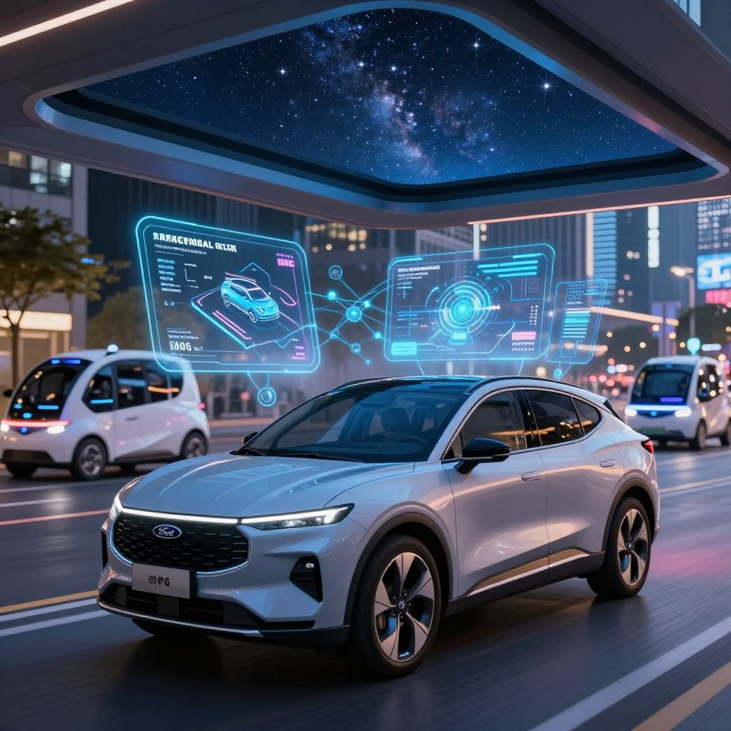 A futuristic Ford vehicle from the 2026 lineup, showcasing an array of cutting-edge embedded technologies. In the foreground, a sleek and modern electric SUV with a digital dashboard and advanced navigation system. The middle ground features holographic displays illuminating features like self-parking and enhanced safety systems, while a panoramic sunroof reveals a starry night sky. In the background, a smart city setting with autonomous Ford vehicles in motion, connected through advanced networking. The lighting is dynamic, with soft glows from the vehicle's interfaces contrasting against the urban environment. The atmosphere conveys innovation, excitement, and sophistication, with a focus on the future of mobility.
