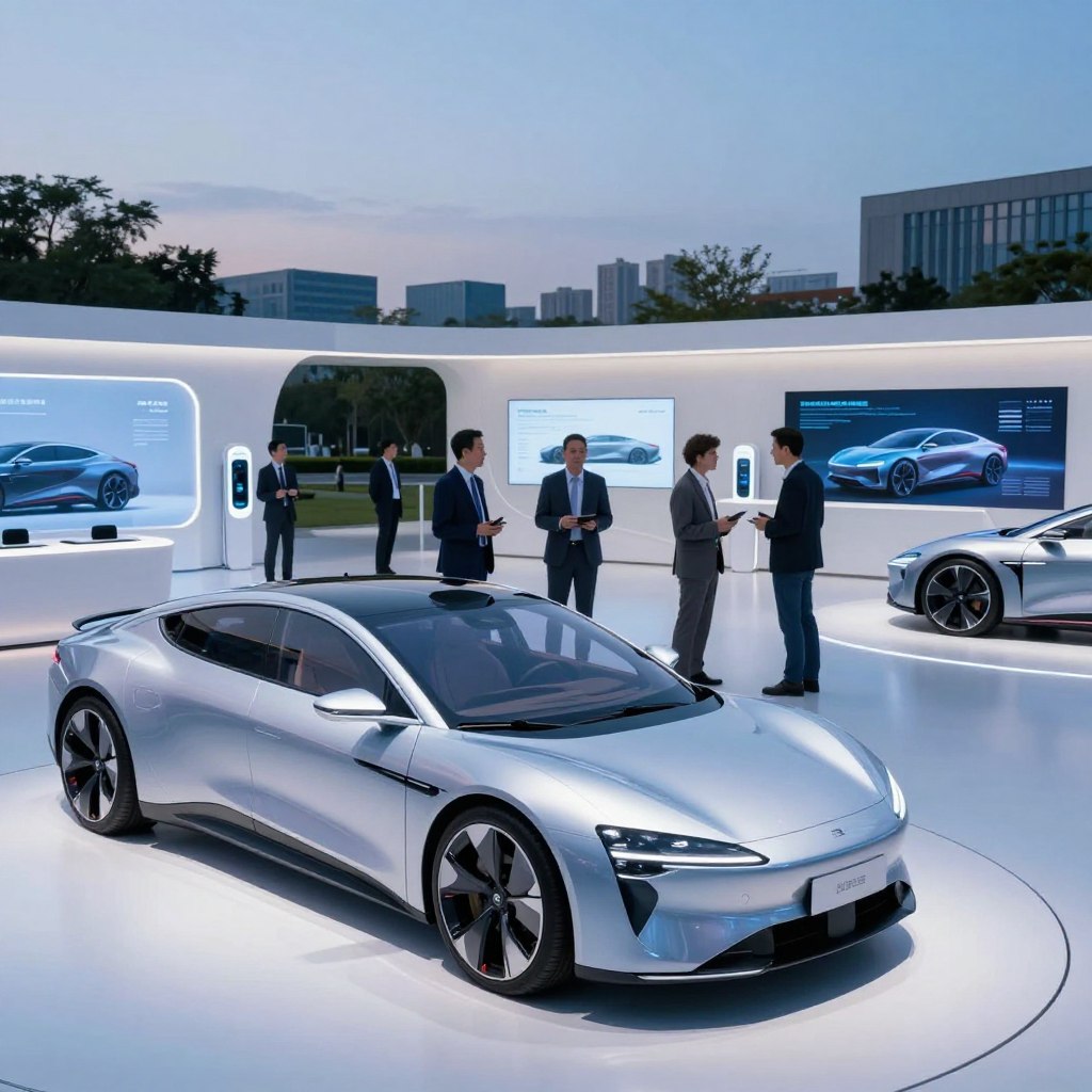 A futuristic automotive exhibition showcasing the evolution of the automobile industry, with a sleek electric vehicle prominently in the foreground, illuminated by soft blue and white lighting. In the middle ground, diverse professionals in business attire engage in discussions around digital displays, surrounded by concept car designs and innovations. The background features a modern urban setting, with smart city elements like charging stations and greenery, under a clear evening sky transitioning to dusk. The mood is optimistic and forward-looking, reflecting technological advancement and sustainability in transportation. Use a wide-angle lens to capture the expansive scene, emphasizing the blend of technology and humanity in the automotive future.