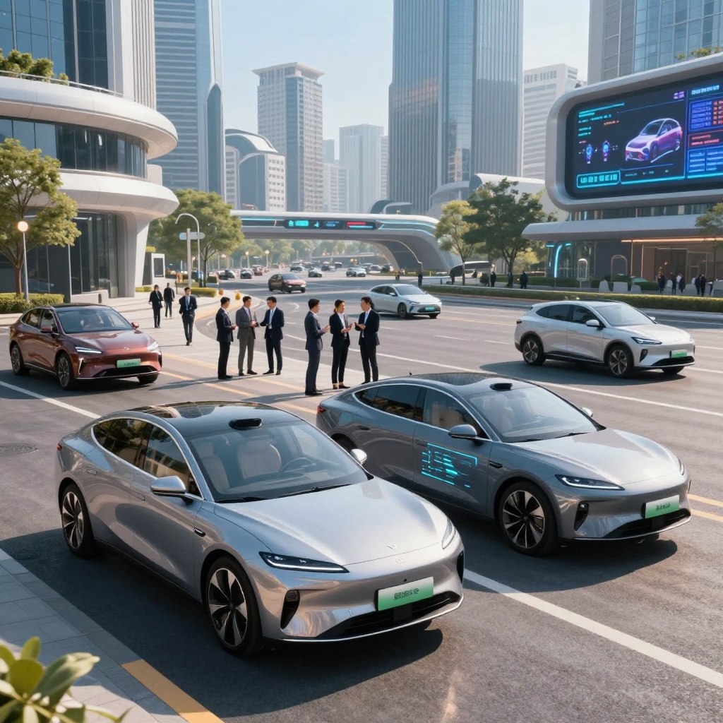 A futuristic cityscape showcases a vibrant scene of connected cars in a sleek, modern urban environment. In the foreground, two elegant electric vehicles park side by side, their smooth curves reflecting the sunlight. They feature high-tech interfaces with illuminated displays projecting various operational data. In the middle ground, a diverse group of professionals in business attire engages in discussion, while other vehicles drive by, highlighting advanced gestural communication and autonomous navigation. The background reveals a city skyline with futuristic architecture and digital billboards displaying real-time data about traffic and weather. The overall atmosphere is dynamic and innovative, encapsulated by clear blue skies and bright, warm lighting, emphasizing the cutting-edge nature of the automotive market trends.