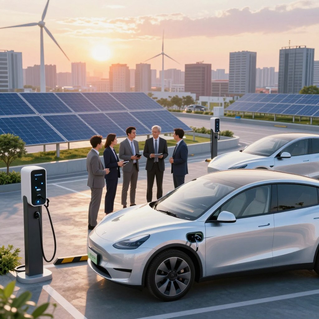 A futuristic cityscape showcasing a vibrant electric vehicle market. In the foreground, a sleek electric car is charging at a modern charging station, highlighting innovation and sustainability. In the middle ground, a diverse group of professionals in business attire discusses electric vehicle technology, symbolizing collaboration and progress. The background features a skyline dotted with solar panels and wind turbines, emphasizing clean energy. Soft lighting from a glowing sunset bathes the scene in a warm, optimistic atmosphere. The angle captures an elevated viewpoint, allowing an expansive view of the urban environment. The overall mood is one of hope and determination, reflecting the challenges of the electric vehicle market as the world transitions to sustainable transportation.
