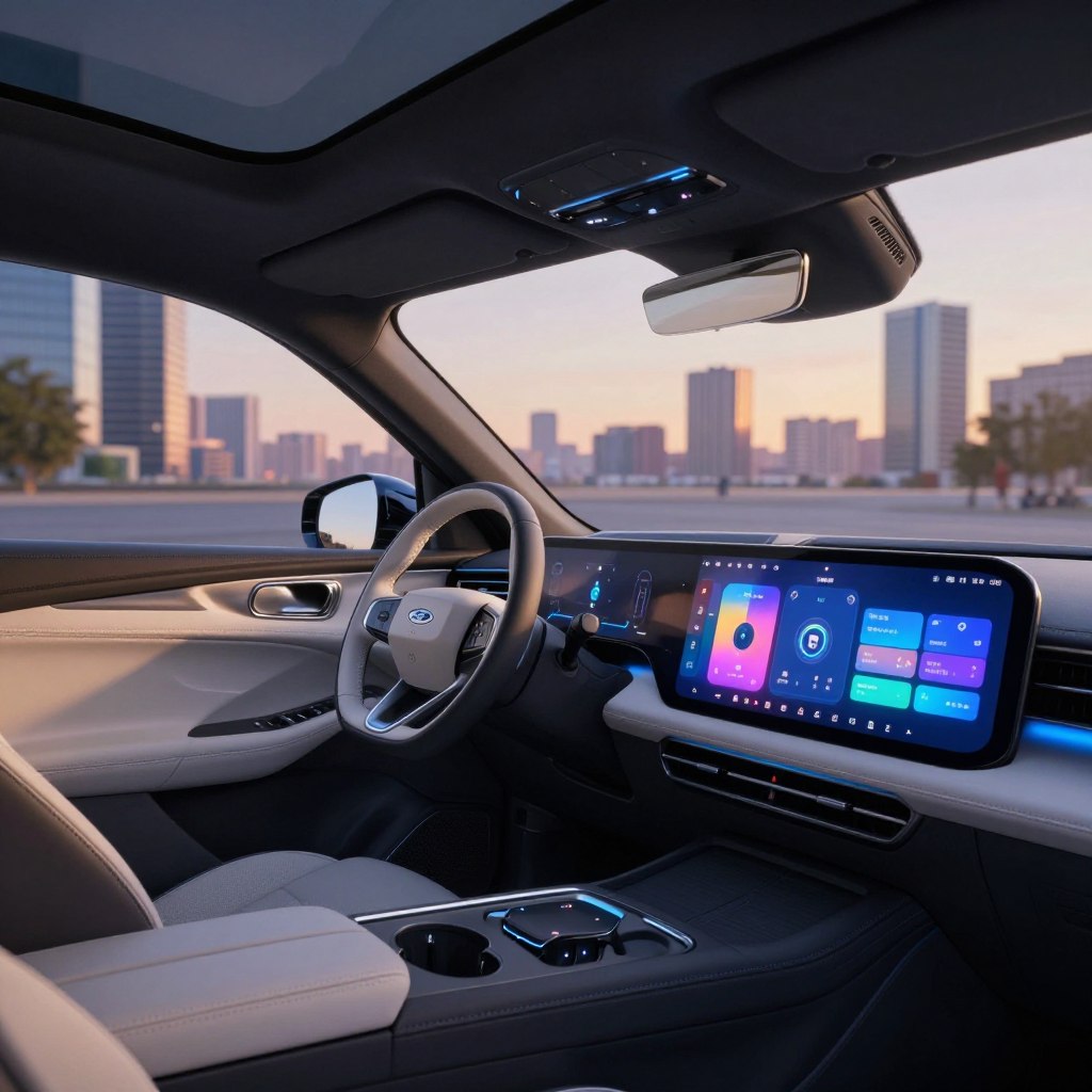 A futuristic dashboard of a 2026 Ford vehicle, showcasing cutting-edge embedded technology. In the foreground, a sleek touch-screen display is illuminated with vibrant colors, featuring intuitive navigation and connectivity options. The middle layer includes the interior of the car, designed with high-quality materials and ergonomic seats, emphasizing modernity and comfort. A subtle glow highlights the innovative steering wheel that integrates smart controls. In the background, through the panoramic windows, a cityscape of a contemporary urban environment is visible, bathed in warm evening light, suggesting energy and progress. The scene is captured from a slight diagonal angle to enhance depth, with a soft focus effect on the edges, creating a sleek and sophisticated atmosphere that embodies the future of Ford vehicles.