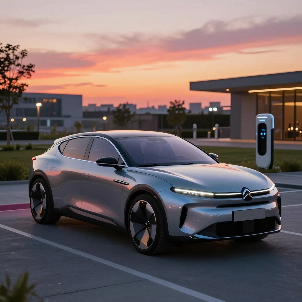 A futuristic electric car design from Citroën, showcasing sleek curves and innovative features. The foreground highlights the car's striking silhouette, with a glossy finish that reflects ambient city lights. In the middle ground, a modern urban environment features green spaces and charging stations, emphasizing the eco-friendly ethos of electric vehicles. The background depicts a vibrant sunset, casting warm hues across the sky, enhancing the design's allure. Soft, diffused lighting brings a dreamlike quality to the scene, while a wide-angle perspective captures the car's elegance and technological sophistication. The overall mood is optimistic and forward-thinking, inviting viewers to envision the future of sustainable transportation.