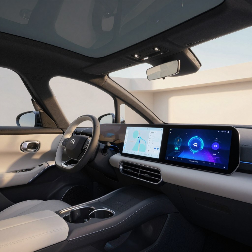 A futuristic interior of the Citroën C4 2026 showcasing advanced embedded technology features. In the foreground, a sleek digital dashboard displays vibrant interfaces with navigation, entertainment, and driver assistance systems. The middle ground features a spacious and modern cabin with ergonomic seats and ambient lighting, highlighting the innovative use of materials. The background showcases a panoramic sunroof and minimalist design elements that enhance the feeling of openness. Soft, natural lighting floods the scene, creating a welcoming atmosphere. A low-angle shot emphasizes the dynamic curves of the dashboard, focusing on the seamless integration of technology within the vehicle's luxurious interior. The overall mood is one of sophistication and technological advancement, perfect for illustrating modern automotive innovations.