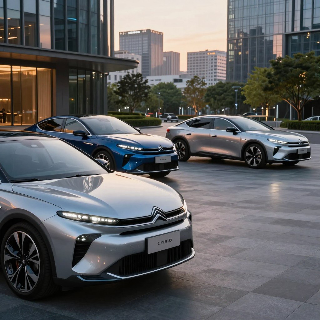 A futuristic lineup of 2026 Citroën sedans displayed in an upscale urban environment. In the foreground, a sleek, modern Citroën sedan with an aerodynamic design and striking headlights gleams under soft, ambient lighting. In the middle ground, two additional sedans are showcased—one in a deep metallic blue and the other in a premium silver finish—reflecting the late afternoon sun. The background features a contemporary cityscape with glass buildings and greenery, enhancing the atmosphere of innovation. Capture the scene from a dynamic low angle, emphasizing the sedans' elegant silhouettes against the skyline. The mood should be sophisticated and appealing, inviting viewers to imagine the future of the Citroën brand.