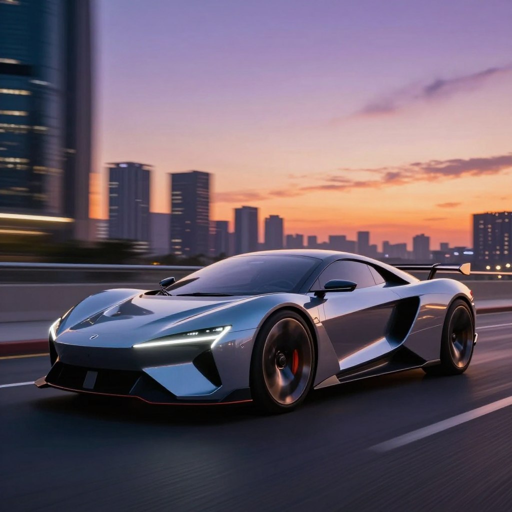 A futuristic luxury car from 2026, showcasing cutting-edge performance and sleek sportiness, positioned dramatically in a modern urban setting. The car's exterior glistens under soft, dynamic lighting that highlights its aerodynamic curves and high-tech features. In the foreground, the vehicle is angled at a slight tilt, emphasizing its aggressive stance and advanced wheel design. The middle ground includes blurred hints of city life, such as skyscrapers and sleek motion blur effects, suggesting speed and innovation. The background features a sunset sky, bathed in warm hues of orange and purple, creating an exhilarating atmosphere. Capture this scene with a wide-angle lens to accentuate the car's presence while maintaining focus on its luxurious details, evoking a sense of excitement and the future of automotive excellence.