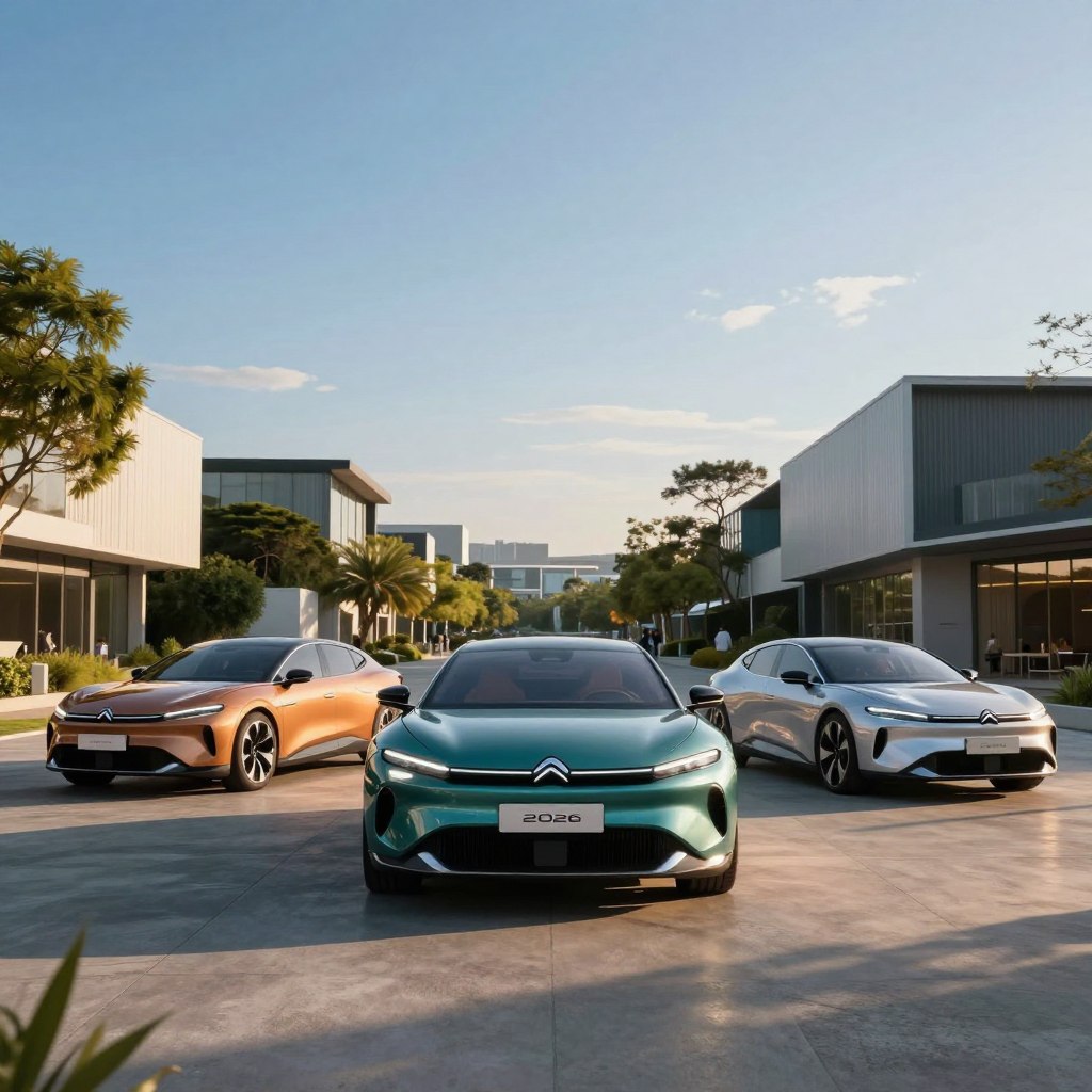 A futuristic scene featuring Citroën's upcoming electric car models for 2026, prominently displayed in the foreground. The sleek, aerodynamic designs of the cars showcase innovative features such as LED lights and unique color palettes. In the middle ground, an energetic urban environment thrives, with modern buildings and greenery, symbolizing sustainability. The background features a clear blue sky during golden hour, with warm, soft lighting casting dynamic shadows. Capture the angle from slightly below the cars for a dramatic effect, emphasizing their stature and design. The mood is optimistic and forward-looking, reflecting the excitement surrounding advancements in electric vehicles. No text or watermarks should be included in the image.