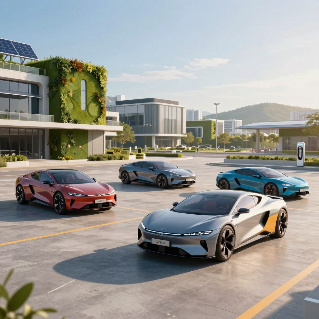 A futuristic scene showcasing Ford's electric vehicle models anticipated for 2026, prominently displayed in the foreground. The cars exhibit sleek, aerodynamic designs featuring innovative technology, with vivid colors and dynamic lines. The middle ground features an urban landscape with modern architecture emphasizing sustainability, like green walls and solar panels, under a bright, sunny sky. Soft shadows cast by the late afternoon sun create a warm, inviting atmosphere. In the background, a hint of rolling hills and charging stations enhances the theme of eco-friendly transportation. The composition captures the essence of progress and innovation in the automotive industry, shot from a slightly elevated angle to showcase the vehicles beautifully against the urban horizon.