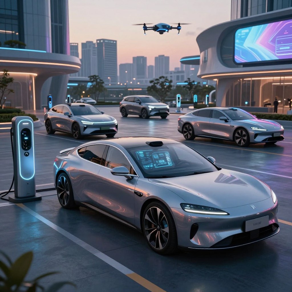 A futuristic scene showcasing luxury connected cars in a high-tech urban environment. In the foreground, a sleek electric luxury sedan, featuring smooth curves and a gleaming metallic finish, is parked beside an innovative charging station. The car's dashboard displays a holographic interface with digital data projected into the air. In the middle ground, additional luxury vehicles, including a stylish SUV and an elegant coupe, showcase advanced autonomous driving features. The background reveals a vibrant city skyline with modern architecture, futuristic billboards, and drones flying above, illuminated by soft twilight lighting. A moody atmosphere evokes sophistication and technological advancement, with a hint of neon accents reflected in the car’s surfaces. Capture this scene from a low-angle perspective to emphasize the vehicles' grandeur and the high-tech environment.