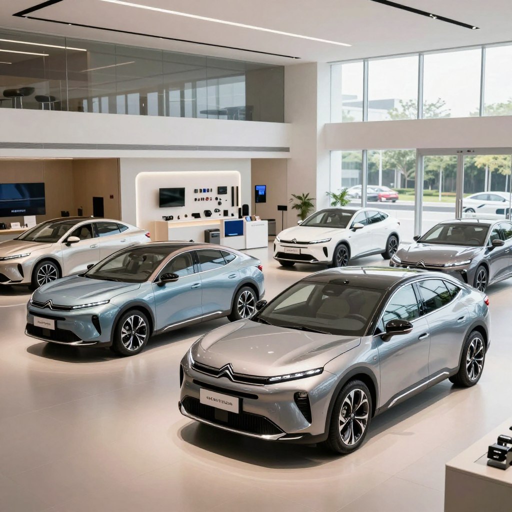 A futuristic showroom featuring the 2026 Citroën models prominently displayed in the foreground, showcasing sleek designs and modern features. The cars should have a vibrant mix of colors, highlighting their stylish exteriors. In the middle ground, a variety of accessories and equipment options should be artistically arranged, reflecting the influence of features on price points. The background includes a minimalistic, well-lit showroom with large windows allowing natural light to flood in, creating a bright and inviting atmosphere. Use a wide-angle lens perspective to emphasize depth, with soft shadows enhancing the sleek lines of the vehicles. The overall mood should convey innovation, sophistication, and excitement for the future of automotive design.