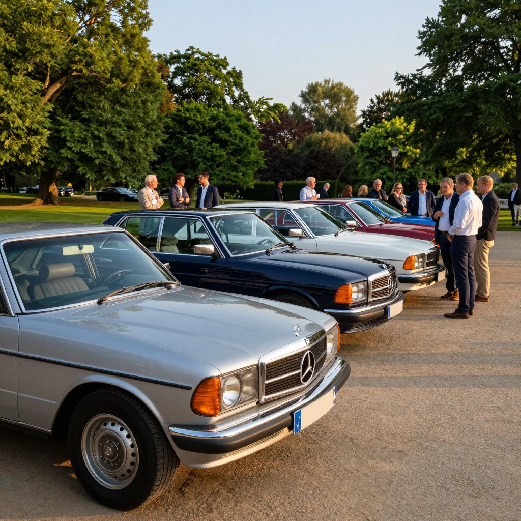 A gathering of classic Mercedes W123 cars in a picturesque park setting, showcasing their timeless elegance and iconic design. In the foreground, a polished silver W123 is parked, with gleaming chrome accents reflecting the golden hour sunlight. Enthusiasts of various backgrounds, dressed in smart casual attire, discuss and admire the cars, exuding a sense of camaraderie and passion. In the middle ground, additional vintage W123 models are aligned, displaying a range of colors from deep navy blue to classic white, all under the soft glow of late afternoon light. The background features lush greenery and a clear blue sky, enhancing the tranquil atmosphere. The shot captures the spirit of the W123 club, emphasizing community and the shared love for these classic vehicles.
