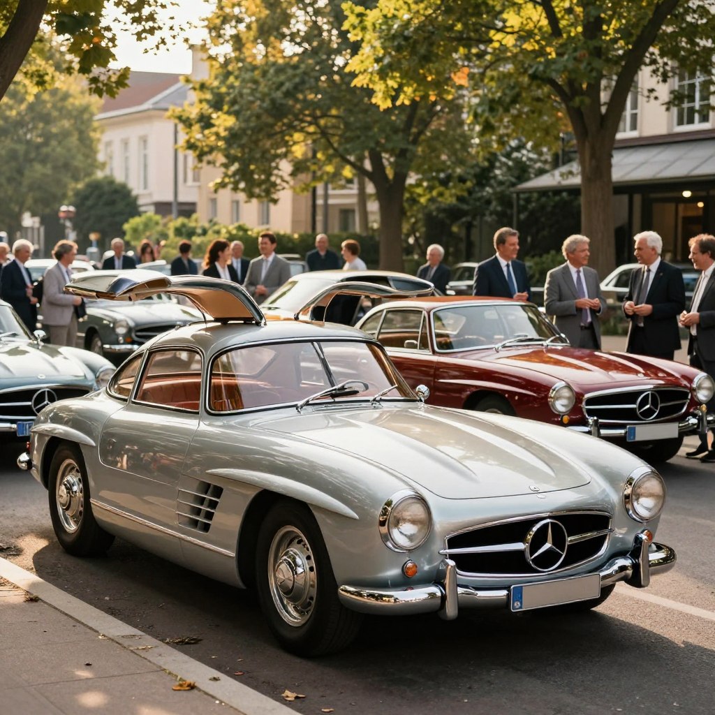 A gathering of classic Mercedes cars, prominently featuring a vintage Mercedes-Benz 300SL Gullwing and a sleek Mercedes-Benz 190SL, parked elegantly on a sunlit, tree-lined street. In the foreground, a small group of automobile enthusiasts in professional business attire, discussing and admiring the vehicles, with smiles and animated expressions. The middle ground showcases an array of filters reflecting vibrant colors of the car paint and polished chrome details under soft, golden hour lighting. The background includes historic buildings and lush greenery, creating an inviting and nostalgic atmosphere. The image captures a sense of community and passion for classic luxury cars, focusing on the beauty and craftsmanship of these timeless vehicles, with a slight depth of field emphasizing the cars and enthusiasts.