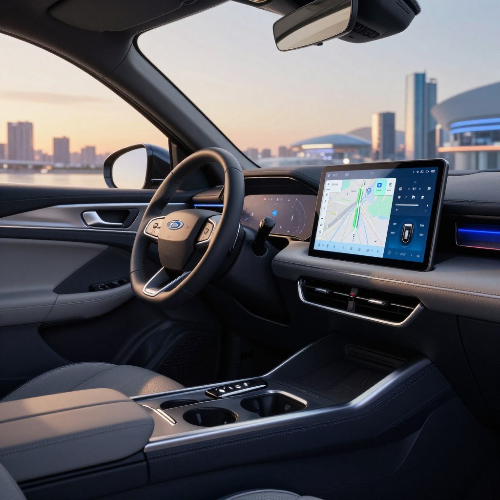 A high-tech Ford vehicle interior showcasing advanced embedded technologies. In the foreground, focus on a sleek, modern dashboard featuring a large touchscreen displaying navigation, connectivity options, and smart controls. Middle ground accents include innovative steering wheel controls and ambient lighting that enhances the sophisticated atmosphere. The background reveals a panoramic view of a futuristic city through the vehicle’s large windows, illuminated by soft, warm sunset lighting. Use a slightly elevated angle to emphasize the depth of the interior and the sleek design of the car. The mood is dynamic and cutting-edge, reflecting the blend of comfort and technology in Ford vehicles.