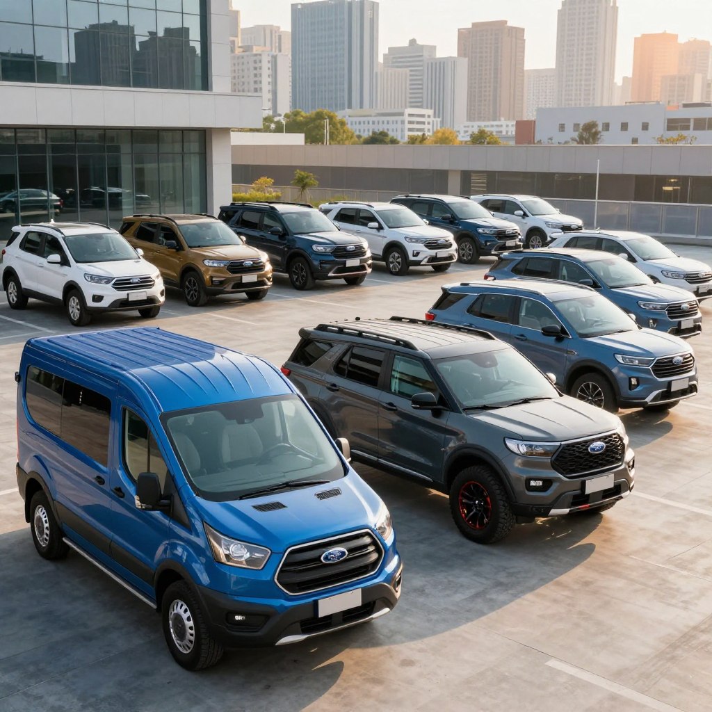 A lineup of 2026 Ford utility vehicles displayed in a modern urban setting, showcasing their sleek design and advanced features. In the foreground, a shiny blue Ford Transit with a spacious cargo area is parked alongside a rugged Ford Explorer with prominent wheel arches, indicating its off-road capabilities. In the middle ground, a compact yet robust Ford Maverick stands next to a hybrid model, highlighting the diverse range of utility options. The background features a city skyline bathed in soft afternoon sunlight, casting dynamic shadows. The scene conveys a sense of innovation and practicality, ideal for professionals. The image should radiate a blend of sophistication and modernity, captured from a slightly elevated angle to emphasize the vehicles' stature and versatility. Natural lighting enhances the vehicles' colors and textures, creating a vibrant, engaging atmosphere.