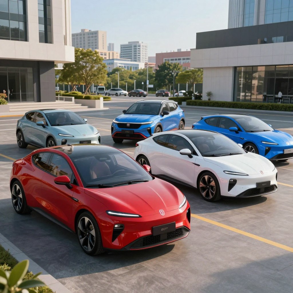 A lineup of futuristic Fiat cars showcased in an urban setting, featuring sleek, modern designs with vibrant colors like bright red, electric blue, and glossy white. In the foreground, highlight a sporty compact model with aerodynamic features and a streamlined silhouette, parked next to a sophisticated electric vehicle with smooth curves and stylish accents. In the middle distance, display a small SUV with a bold stance and innovative design elements. The background reveals a bustling cityscape with contemporary architecture and green landscapes, under a clear blue sky. The scene is illuminated by soft, warm lighting, creating a lively and optimistic atmosphere, ideal for a vibrant automotive future. Capture this image using a wide-angle lens to emphasize the dynamic shapes and colors of the cars.