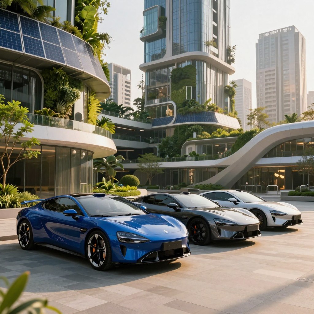 A lineup of three high-end electric luxury cars with sleek designs and innovative aerodynamic shapes, positioned prominently in the foreground. The cars feature glossy finishes in deep royal blue, metallic silver, and elegant black, highlighting their sophisticated aesthetic. In the middle ground, a modern, environmentally-friendly urban setting showcases green spaces integrated with cutting-edge architecture, emphasizing sustainability. Tall, futuristic buildings with solar panels and lush vertical gardens form the backdrop, bathed in soft, golden hour sunlight that casts warm, inviting shadows. The mood is one of elegance and innovation, suggesting a brighter, more sustainable future for luxury driving. The perspective is slightly low, capturing the grandeur of the cars and the majestic urban environment around them. No text or logos are included.