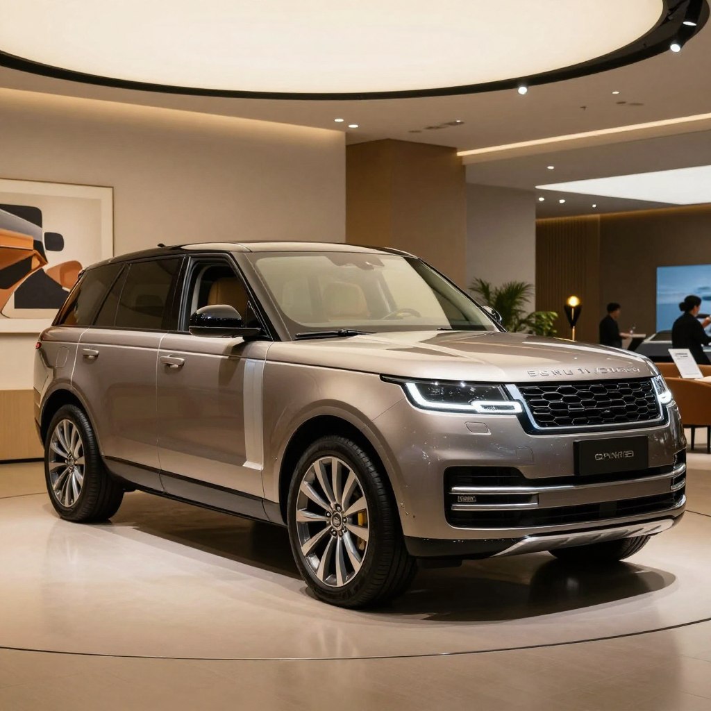 A luxurious SUV parked elegantly on a glossy showroom floor, showcasing sleek lines and a polished metallic finish that reflects soft ambient lighting. The SUV's spacious interior is visible through the slightly tinted windows, hinting at high-end leather upholstery and state-of-the-art technology. In the middle ground, a backdrop of contemporary art and stylish decor highlights the opulence of the setting. Warm, inviting lighting bathes the scene, creating a sophisticated atmosphere that suggests exclusivity and status. The camera angle captures the SUV from a low perspective, emphasizing its commanding presence. The mood is one of aspiration and luxury, embodying the rising popularity of high-end SUVs in 2026.