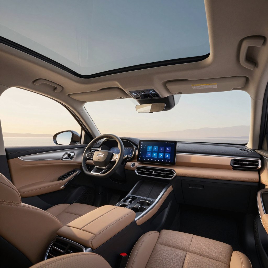 A luxurious and modern interior of a 2026 Citroën C5 Aircross SUV, featuring plush leather seats with a sleek design, ambient lighting, and high-tech dashboard displays. In the foreground, a panoramic sunroof lets natural light flood the cabin, enhancing the spacious feel. The middle area showcases a central touchscreen with intuitive controls, surrounded by soft-touch materials and stylish accents. The background captures the vehicle's spacious rear seating, emphasizing comfort with spacious legroom and optional armrests. The scene is warmly illuminated, creating an inviting atmosphere that highlights the vehicle's sophisticated design and comfort features. Shot from a slightly elevated angle to provide a comprehensive view of the interior. A luxurious and modern interior of a 2026 Citroën C5 Aircross SUV, featuring plush leather seats with a sleek design, ambient lighting, and high-tech dashboard displays. In the foreground, a panoramic sunroof lets natural light flood the cabin, enhancing the spacious feel. The middle area showcases a central touchscreen with intuitive controls, surrounded by soft-touch materials and stylish accents. The background captures the vehicle's spacious rear seating, emphasizing comfort with spacious legroom and optional armrests. The scene is warmly illuminated, creating an inviting atmosphere that highlights the vehicle's sophisticated design and comfort features. Shot from a slightly elevated angle to provide a comprehensive view of the interior.