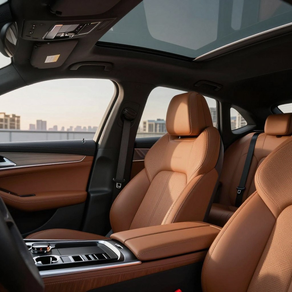 A luxurious car interior showcasing plush leather seats with ergonomic design, featuring intricate stitching and wood accents. The foreground highlights an elegantly designed dashboard with a state-of-the-art infotainment system and ambient lighting that evokes sophistication. In the middle ground, the sleek contours of the car's cabin can be seen, with large panoramic windows allowing natural light to flood in, enhancing the spacious feel. The background features a view through the tinted windows, revealing a serene urban landscape. Soft, diffused lighting creates a warm, inviting atmosphere, emphasizing comfort and opulence. Capture this scene from a slightly elevated angle, focusing on the intricate details and materials used, while maintaining a sense of modern elegance.