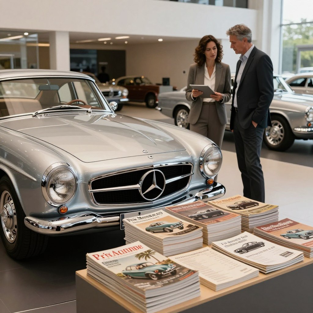 A luxurious display showcasing the "Prix Mercedes collection 2025," featuring a sleek classic Mercedes-Benz model at the forefront, gleaming under soft natural light that highlights its elegant curves and chrome details. The middle ground includes stacks of vintage car magazines and modern price guides, hinting at the collection's historical and future value. In the background, a sophisticated automotive showroom with polished floors and a minimalist design enhances the sense of prestige. A well-dressed professional couple, in smart business attire, studies the car with enthusiasm, embodying a discerning buyer's perspective. The atmosphere is one of aspiration and nostalgia, framed by a warm, inviting glow that evokes a sense of timeless elegance and automotive passion.
