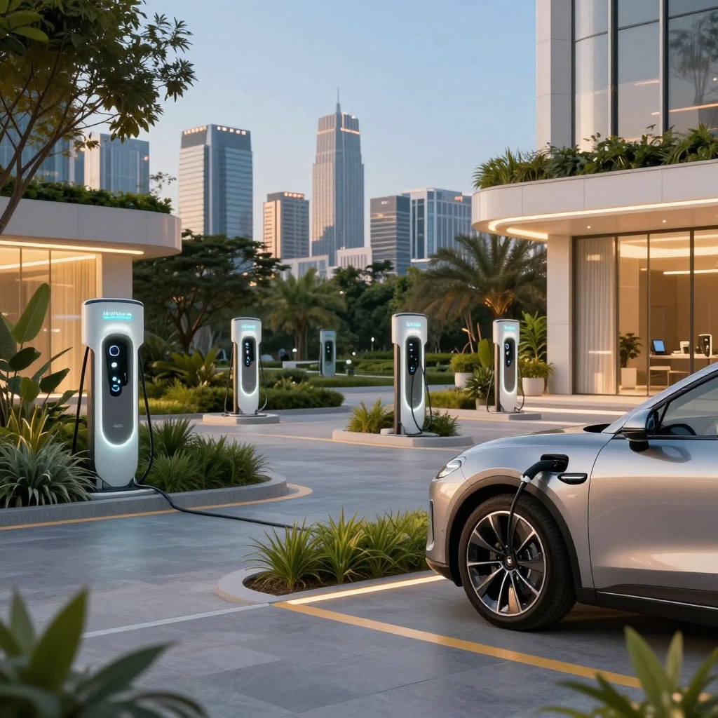 A luxurious electric car charging station in an elegant, modern setting, surrounded by lush greenery and contemporary architecture. In the foreground, a sleek, high-end electric vehicle is plugged into an innovative charging unit, showcasing advanced technology. The middle ground features additional charging stations with clean lines, illuminated by soft, ambient lighting. In the background, the skyline of a sophisticated city can be seen, with elegant skyscrapers and a clear blue sky. The scene is bathed in warm, golden hour sunlight, creating an inviting atmosphere. The overall mood is upscale and futuristic, emphasizing the comfort and luxury associated with electric vehicles and their infrastructures.