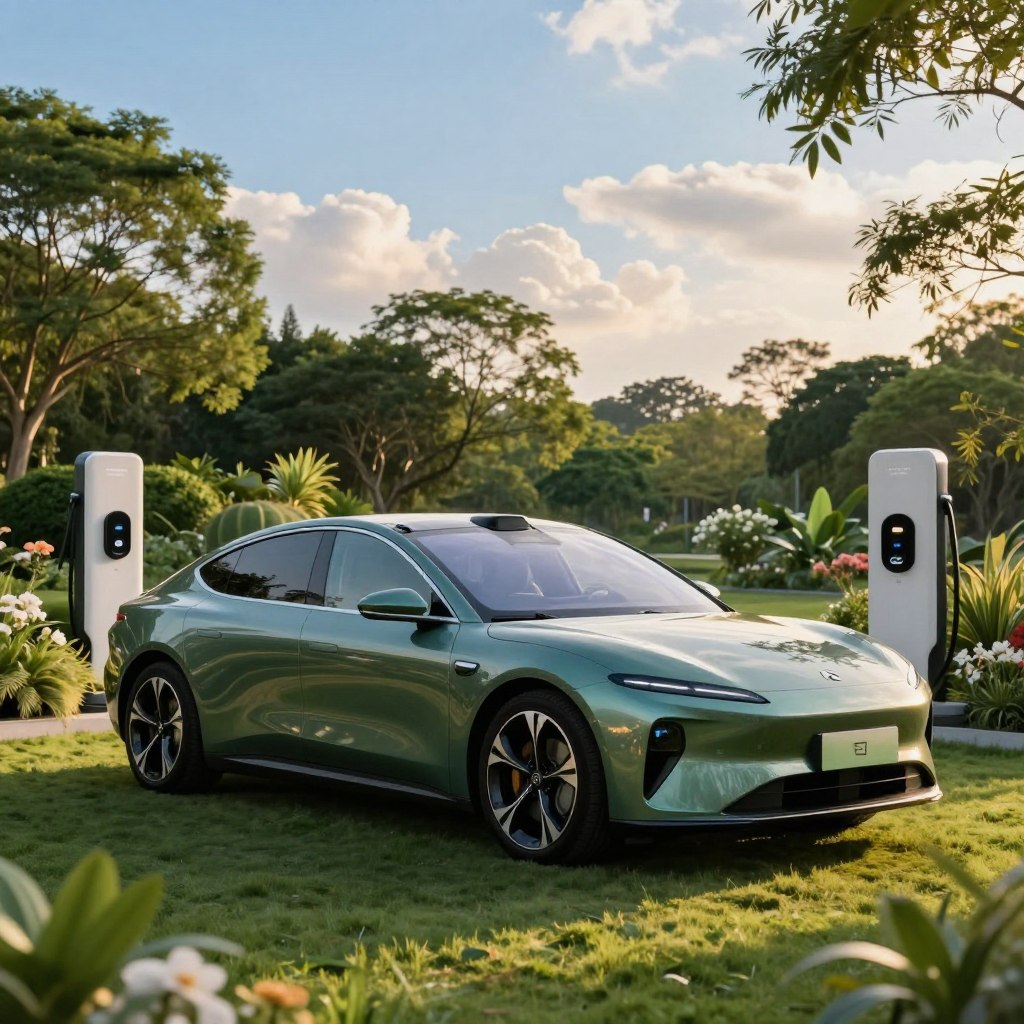 A luxurious electric car parked majestically in a lush, serene environment, symbolizing eco-friendliness. In the foreground, the sleek, modern silhouette of the car is highlighted, with reflections of vibrant greenery shimmering on its surface. The middle ground features an elegantly designed charging station blending seamlessly with the surrounding nature, adorned with flowering plants and trees. In the background, a clear blue sky with soft, fluffy clouds enhances the peaceful atmosphere. Golden hour lighting casts a warm glow, accentuating the car's sleek lines and inviting curves, evoking a sense of harmony between luxury and sustainability. The overall mood is tranquil and aspirational, illustrating the elegance of eco-conscious innovation.