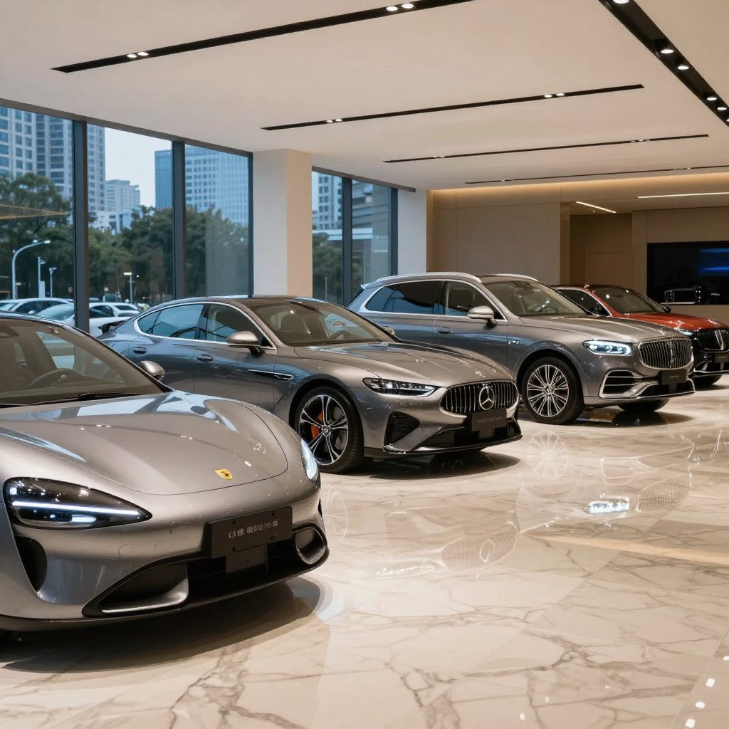 A luxurious scene depicting several high-end vehicles, including a sleek sports car, an elegant sedan, and a glamorous SUV, arranged elegantly in a well-lit, modern showroom. The foreground features polished marble flooring that reflects the cars, enhancing their glossy finishes. In the middle ground, soft ambient lighting highlights the curves and details of the vehicles, emphasizing luxury and sophistication. The background showcases large glass walls with a city skyline visible, suggesting a vibrant urban environment. The overall mood is aspirational and forward-thinking, evoking a sense of anticipation for the luxury car market in 2026. The image is shot from a low angle to emphasize the grandeur of the cars, capturing their beauty and craftsmanship.
