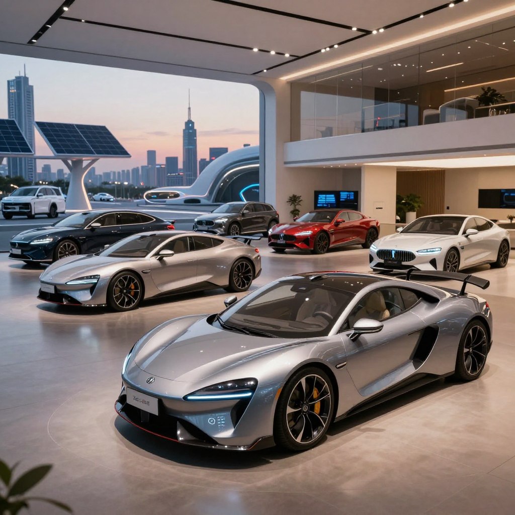 A luxurious showroom featuring a line of high-end automobiles, each showcasing innovative technological designs for the year 2026. In the foreground, a sleek electric sports car with aerodynamic curves and digital interfaces prominently displayed. The middle ground features a variety of prestigious luxury vehicles, such as a futuristic sedan and an SUV, all gleaming under soft, ambient lighting. The background includes futuristic city elements, like a skyline with solar panels and smart infrastructure, against a dusk sky. Use a wide-angle lens to capture the expansive atmosphere, promoting a feeling of sophistication and innovation. The overall mood is elegant and forward-thinking, emphasizing the cutting-edge advancements in luxury automotive technology.