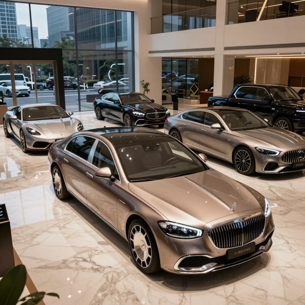 A luxurious showroom filled with high-end cars, showcasing the latest luxury models of 2026. In the foreground, a sleek, modern luxury sedan with a shiny metallic finish, featuring intricate details like an illuminated grille and elegant curves. To the sides, a stylish sports car and a lavish SUV emphasize the diversity in design. The middle ground displays polished marble floors reflecting the vehicles, enhancing the opulent feel. In the background, large glass windows reveal a bustling cityscape, adding a contemporary urban atmosphere. Soft, ambient lighting highlights the cars, creating a warm and inviting mood. The perspective is from eye level, capturing the grandeur of the showroom and the prestige of luxury automobiles, without any text or distractions.