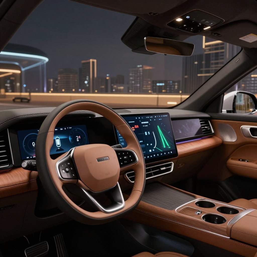 A luxurious, state-of-the-art vehicle interior showcasing advanced safety features. The foreground features a sleek steering wheel equipped with high-tech controls, illuminated by soft ambient lighting. In the middle, a digital dashboard displays various safety analytics, including collision detection and lane assistance indicators. Surrounding the dashboard, luxurious leather and polished wood trim emphasize the sophistication of the vehicle. In the background, a panoramic view of a futuristic city through tinted windows, hinting at an autonomous driving experience. The lighting is warm and inviting, with a focus on technology highlights. The mood is sophisticated and cutting-edge, reflecting the pinnacle of luxury car safety innovations for 2026.