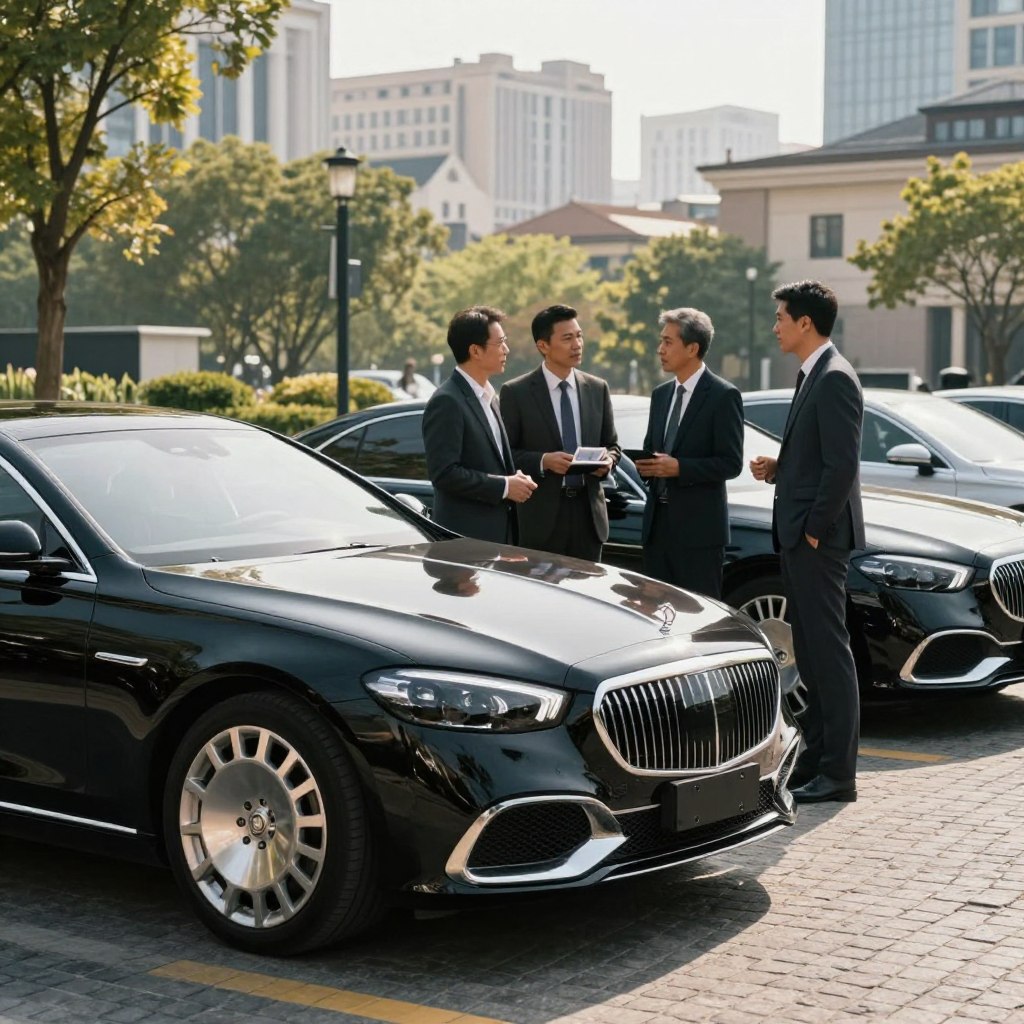 A luxurious urban landscape depicting high-end cars in a vibrant, sunlit setting signifying the influence of the economy on their prices. In the foreground, a sleek black luxury sedan is parked elegantly on a cobblestone street, showcasing its flawless design and modern features. In the middle ground, a group of affluent-looking professionals in business attire are engaged in a discussion about car prices, with expressions of intrigue and contemplation. The background features a skyline of upscale buildings and greenery, with soft, natural lighting that highlights the cars' polished surfaces. The atmosphere is sophisticated yet dynamic, combining elements of technology and commerce, hinting at the economic factors affecting luxury car pricing for the future.