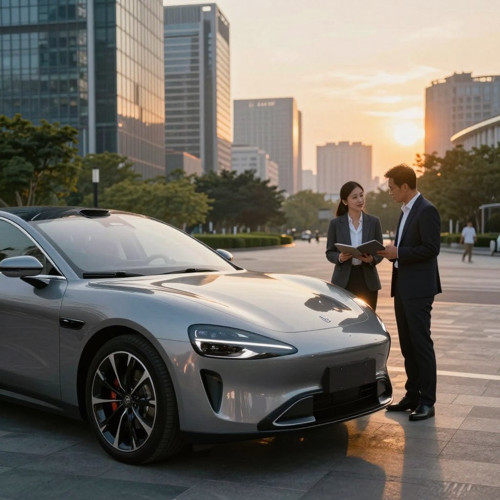 A luxury budget automobile parked in an elegant city setting, showcasing its sleek lines and modern design. In the foreground, focus on the car’s polished exterior reflecting the city lights, with chrome accents gleaming. The middle ground features a well-dressed professional couple examining the vehicle, representing the discerning buyer. In the background, a bustling cityscape with contemporary skyscrapers and lush greenery, under a warm golden hour sunset that bathes the scene in a soft glow. Use a wide-angle lens to capture both the car and the vibrant urban environment, highlighting the balance of luxury and affordability. The mood should be aspirational yet accessible, emphasizing the allure of luxury without extravagance.