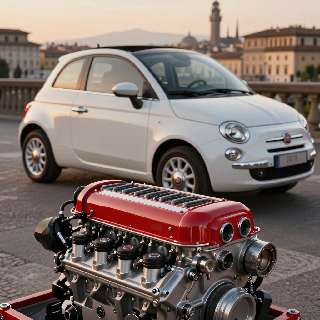 A meticulously detailed illustration of the Fiat 500 engine, showcasing its iconic design and modern engineering advancements. In the foreground, focus on the engine block with vibrant red and silver accents, highlighting the intricate components such as the pistons and fuel injectors, all gleaming under the soft, ambient lighting. In the middle ground, position a classic Fiat 500 car, angled to reveal its sleek curves and the stylish body, positioned in a serene urban environment that reflects Italian style. In the background, a softly blurred view of an iconic Italian cityscape, suggesting a blend of tradition and modernity. The atmosphere should emanate sophistication and innovation, evoking a sense of performance and efficiency, with a warm, inviting golden hour glow to enhance the scene's allure.