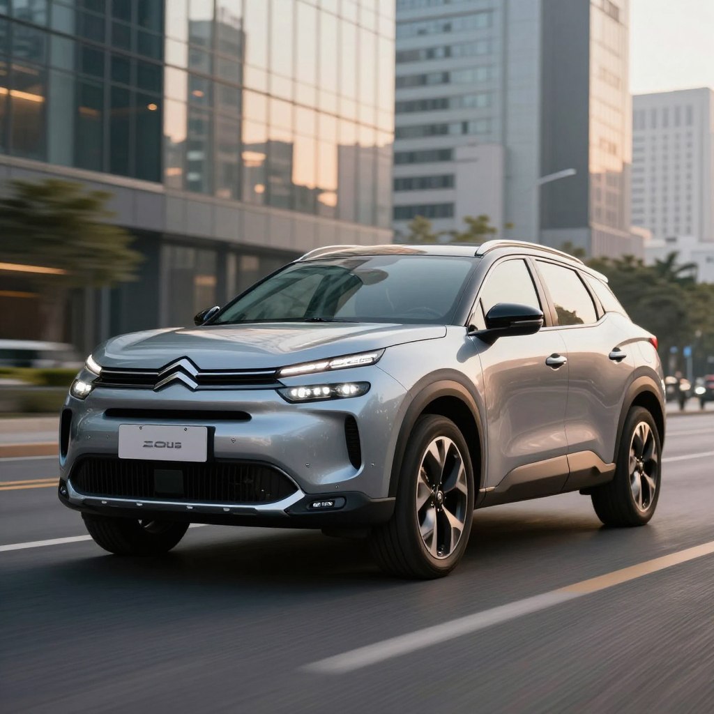 A modern Citroën SUV designed for safety, featuring sleek lines and a robust frame. In the foreground, the SUV showcases its advanced safety features, like prominent headlights and modern sensors, giving it an alert and protective appearance. In the middle ground, an urban environment illustrates the SUV in a dynamic city setting, with soft sunlight reflecting off glass buildings. The background shows a blurred cityscape, emphasizing elegance and modernity. The atmosphere evokes a sense of confidence and reliability. The lighting is warm, with a slight golden hour glow, enhancing the SUV's luxurious appeal. Capture the SUV from a low angle to highlight its stature, creating an impression of strength and sophistication.