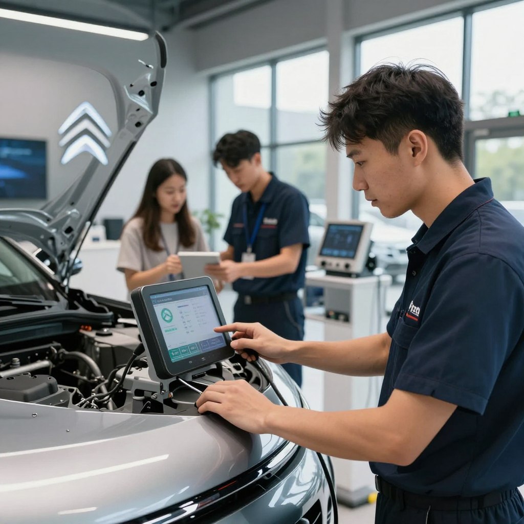 A modern Citroën service after-sales center in 2026, showcasing professional technicians at work on a sleek, futuristic-looking Citroën car. In the foreground, a detail of a technician in a smart uniform using advanced diagnostic equipment, focused on the vehicle’s system. In the middle ground, another technician collaborates with a customer, explaining the maintenance process. The background features a clean, organized workshop with a glowing logo of Citroën, and state-of-the-art tools and equipment. Soft, natural lighting streams through large windows, creating an inviting atmosphere. The image should evoke a sense of professionalism, reliability, and an emphasis on customer service in automotive maintenance.