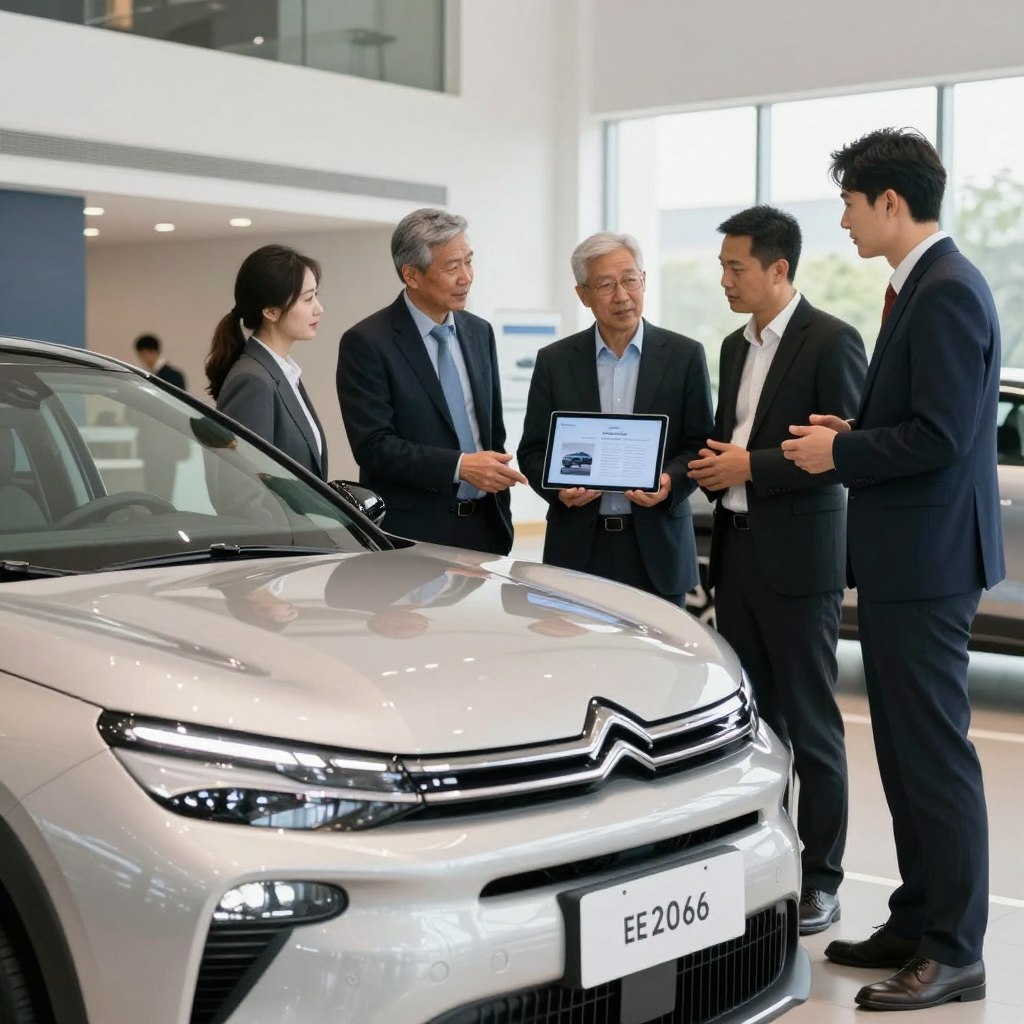 A modern Citroën vehicle displayed prominently in a sleek, contemporary automotive showroom. In the foreground, the car gleams under soft, diffused lighting, showcasing its elegant design and unique features like the headlights and sleek lines. In the middle ground, a diverse group of professionals dressed in business attire is engaged in a discussion, examining a digital tablet that displays eligibility criteria for leasing options. The background features a sophisticated white and gray interior, with large windows allowing natural light to flood the space, creating an inviting and dynamic atmosphere. The mood is professional yet accessible, conveying the excitement of exploring leasing possibilities for 2026.