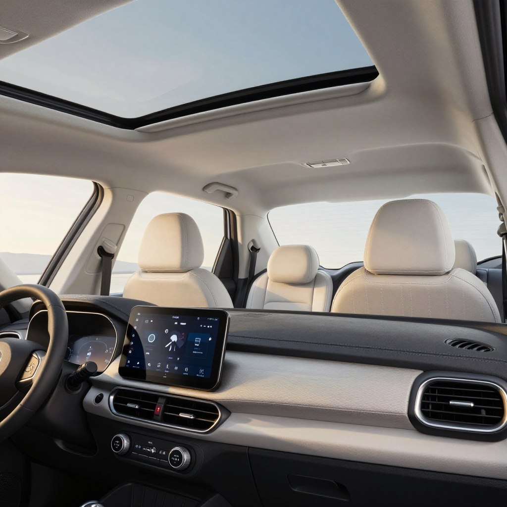 A modern Fiat Tipo interior showcasing its spacious, family-friendly design. In the foreground, focus on the well-appointed dashboard with a sleek touchscreen interface, and soft-touch materials reflecting premium build quality. The middle layer features plush seating with ample legroom, upholstered in light-colored fabric for a fresh look, and child safety features subtly integrated. The background showcases a panoramic view through large windows, allowing natural daylight to illuminate the cabin, enhancing the welcoming atmosphere. Use soft, diffused lighting to create a warm, inviting mood. The angle should be slightly elevated, providing a broad perspective of the interior space. Aim for a clean, contemporary aesthetic without any people present to highlight the car's features effectively.