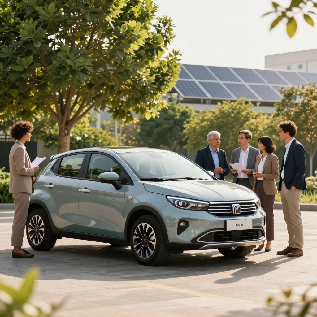 A modern Fiat car parked in an eco-friendly urban setting, with lush green trees and solar panels in the background. In the foreground, a diverse group of professionals dressed in business attire discusses sustainability strategies, looking towards the Fiat vehicle. The scene is illuminated by warm afternoon sunlight, casting long shadows and creating a bright, optimistic atmosphere. Soft focus on the greenery behind the car enhances the sense of environmental consciousness. The camera angle is slightly low, emphasizing the Fiat's sleek design against a backdrop of innovation and sustainability. The overall mood is hopeful and forward-looking, symbolizing Fiat's commitment to sustainable practices in the automotive industry.