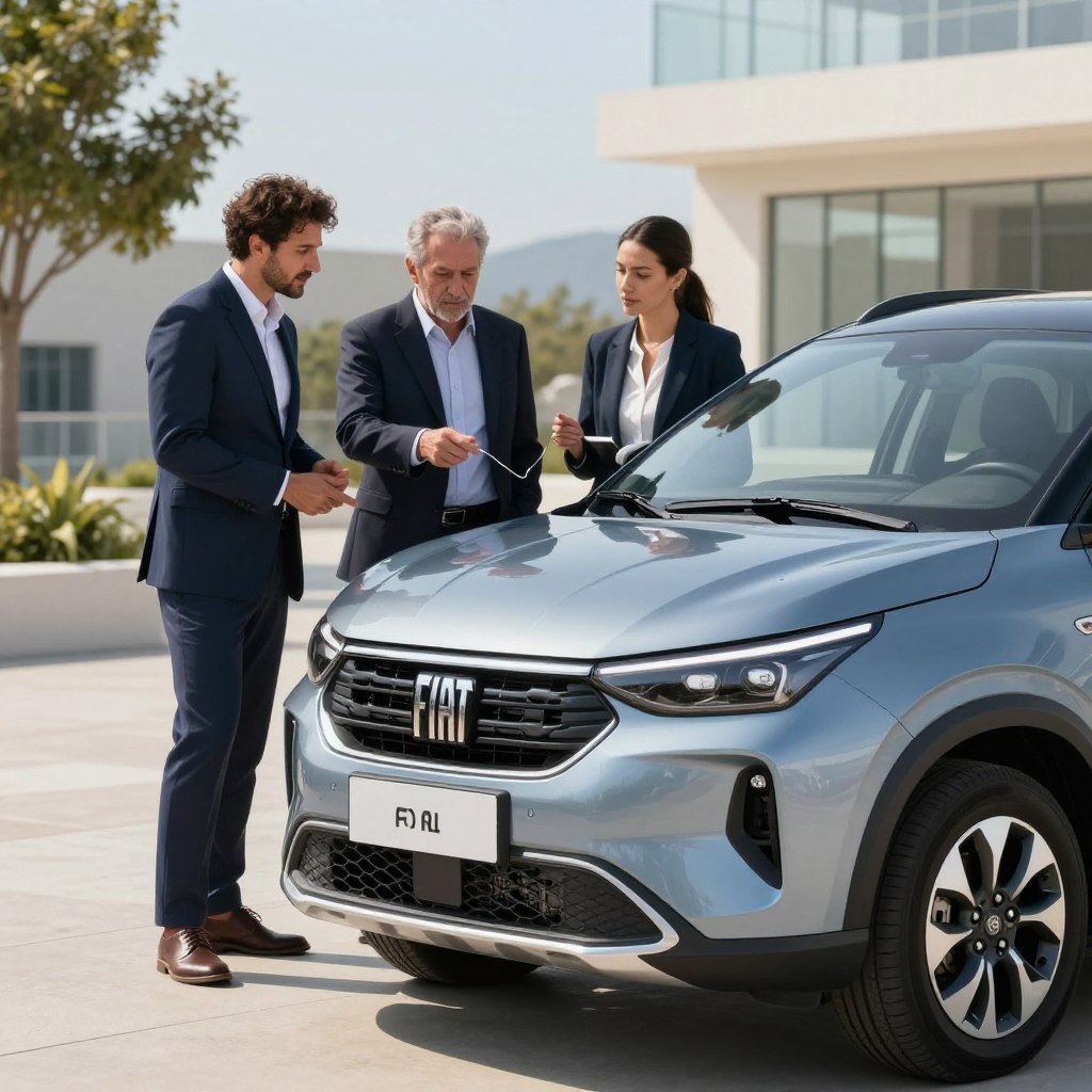 A modern Fiat vehicle, prominently displayed in a sleek and stylish design, showcases advanced safety features. The foreground features a polished Fiat model, highlighting its robust structure, adaptive headlights, and reinforced frame. In the middle ground, a diverse group of three professionals, two men and one woman, dressed in smart business attire, discuss safety features actively, pointing to the vehicle. The background includes a serene urban environment with soft-focus buildings and trees, symbolizing a safe driving experience. The lighting is bright and vibrant, mimicking a clear day, with soft shadows accentuating the vehicle's contours. The scene conveys a sense of security and innovation, emphasizing Fiat's commitment to vehicle safety for 2023.
