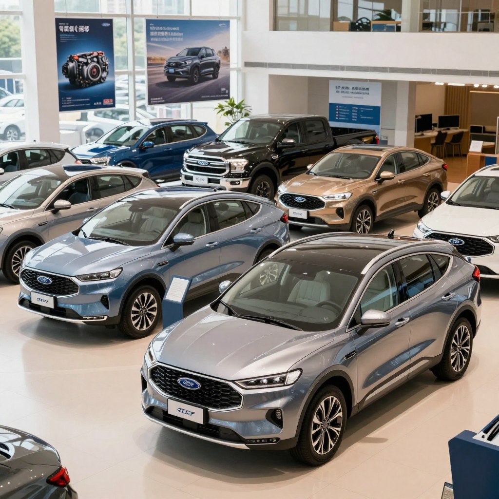 A modern Ford showroom displaying various Ford vehicle models, prominently featuring options for different engine types—electric, hybrid, and traditional gas engines. In the foreground, a sleek Ford electric SUV stands elegantly under bright, natural lighting, showcasing its futuristic design. In the middle ground, a line of diverse Ford cars and trucks illustrate the range of motorization options available, from compact sedans to powerful pickups. The background includes informative posters on engine technology and performance efficiency, enhancing the educational atmosphere. The setting is professional and inviting, with a soft focus on the vehicles to emphasize their various features without distractions. Utilize a wide-angle lens to capture the showroom environment, creating a sense of space and variety in color and design that resonates with potential buyers.