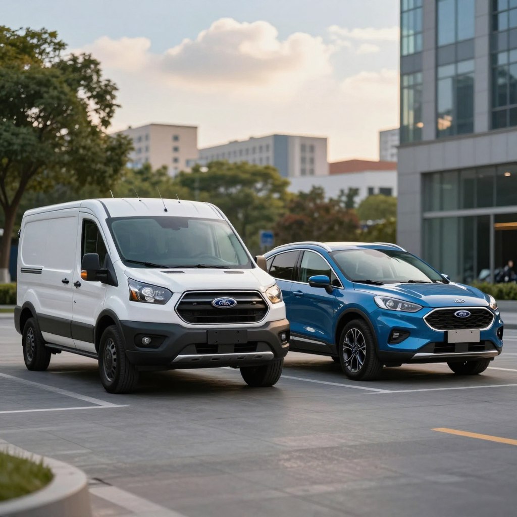 A modern Ford utility vehicle lineup from 2026, prominently displayed in a sleek urban environment. In the foreground, showcase two vehicle models with distinctive designs: a sturdy, rugged Ford Transit and a compact, versatile Ford Escape, both gleaming under soft, natural daylight. The middle ground features a blurred view of an inviting cityscape with trees and modern architecture, which contrasts with the vehicles' dynamic lines. In the background, a blue sky with a few fluffy clouds sets a warm, optimistic atmosphere. Capture this scene with a wide-angle lens perspective, highlighting the vehicles' innovative features. Emphasize a sense of reliability and forward-thinking design, aimed at professionals seeking functionality and style in their utility vehicles.