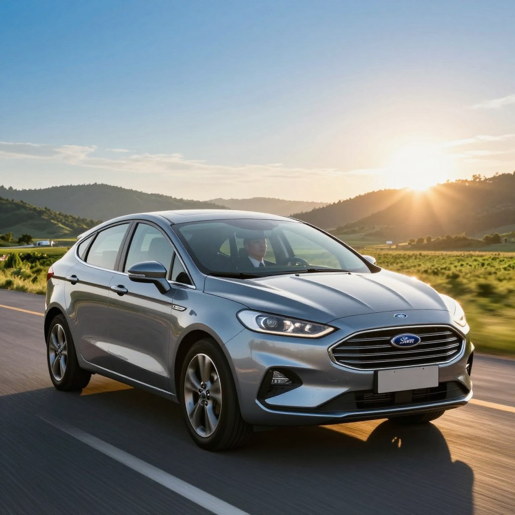 A modern Ford vehicle showcased on a scenic open road during an early morning drive, with the sun rising in the background, casting a warm golden glow on the car. In the foreground, the shiny body of the Ford captivates with its sleek lines and bold grille. In the middle ground, a driver in professional business attire is seen enjoying the driving experience, focusing on the smooth performance of the car. The background features lush green hills and a clear blue sky, enhancing the feeling of freedom and adventure. The atmosphere is vibrant and inviting, evoking a sense of exploration and choice, captured from a flattering angle that emphasizes the vehicle's design and appeal.