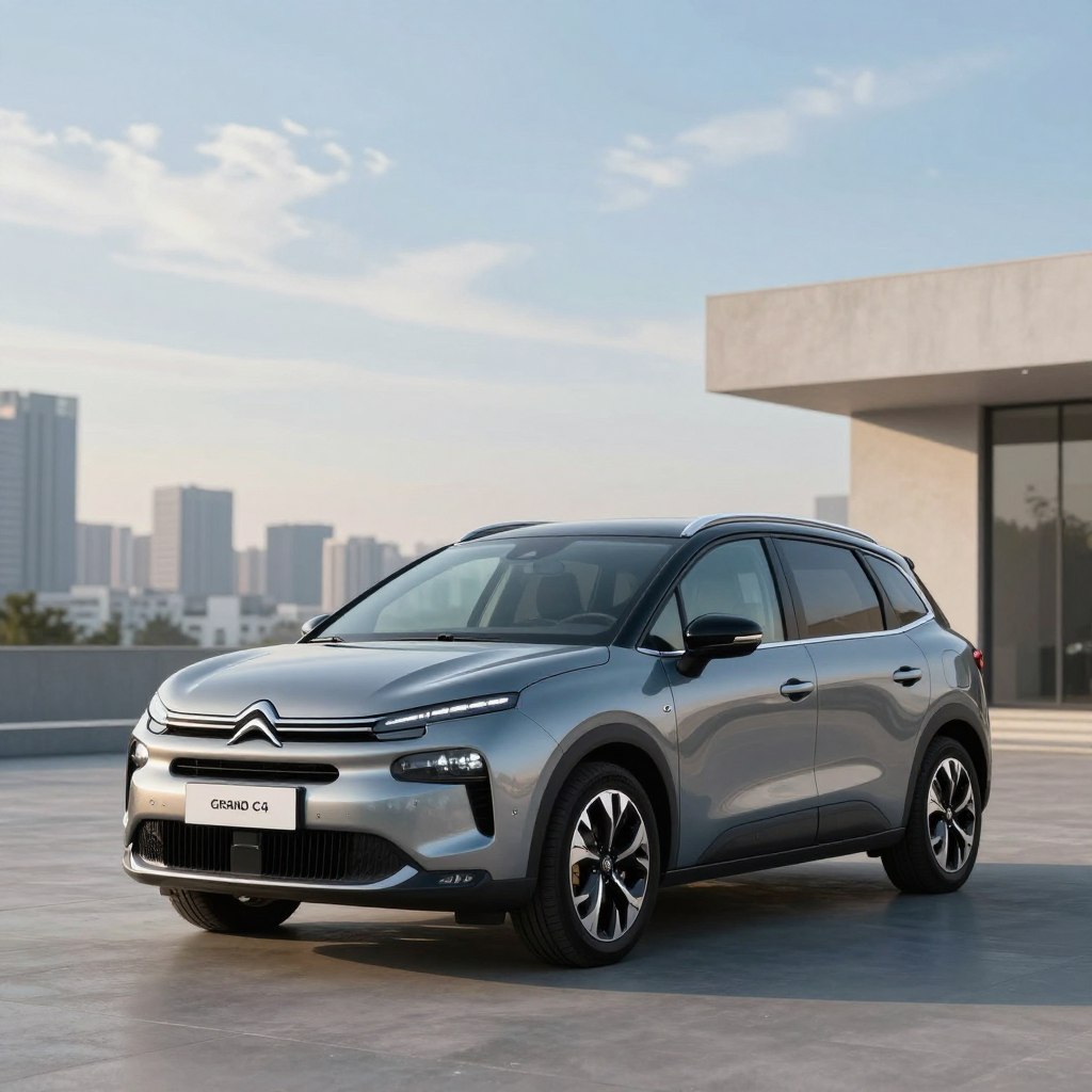 A modern and elegant Citroën Grand C4 Picasso parked in a stylish urban environment. The vehicle's sleek lines and distinctive front grille shine under soft, natural lighting, highlighting its contemporary design features. In the foreground, the car is angled slightly towards the viewer, showcasing its aerodynamic shape and large panoramic windows. The middle ground includes a softly blurred cityscape with minimalist architecture to emphasize the car's modern appeal. The background features a clear blue sky with wispy clouds, creating a serene ambiance. The overall atmosphere is sophisticated and inviting, perfect for showcasing the versatility and spaciousness of the Grand C4 Picasso as a stylish family vehicle.