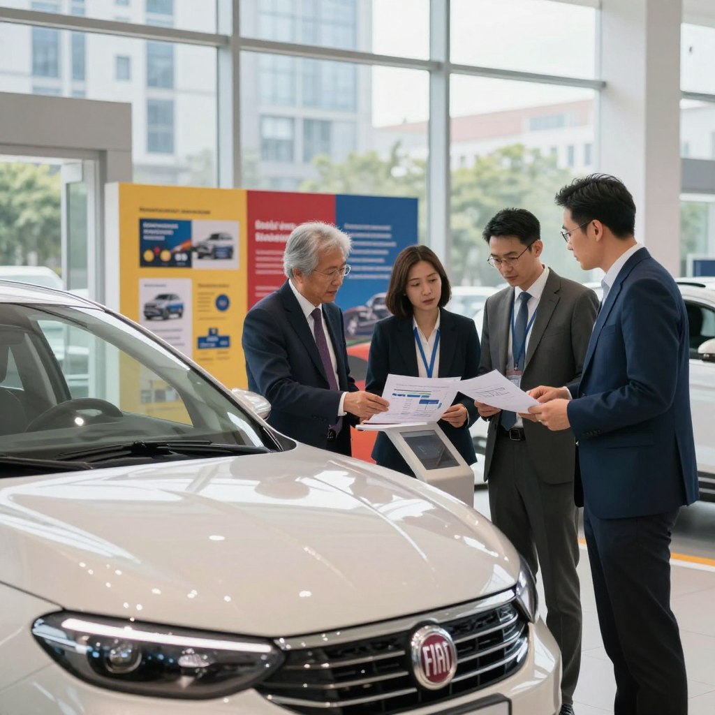 A modern automobile showroom featuring a sleek, polished Fiat car prominently displayed in the foreground. Business professionals in modest attire engage in discussions, analyzing charts and documents on a table nearby. The middle ground should include vibrant promotional materials showcasing Fiat's features and statistics about its potential market return in the US. In the background, large glass windows reveal an urban landscape, suggesting an American city environment. Soft, natural lighting streams in, creating a bright and optimistic atmosphere. The camera angle is slightly elevated, focusing on the car and the engaged professionals to convey a sense of excitement and anticipation about Fiat's future. The overall mood is one of analysis and expert insight.