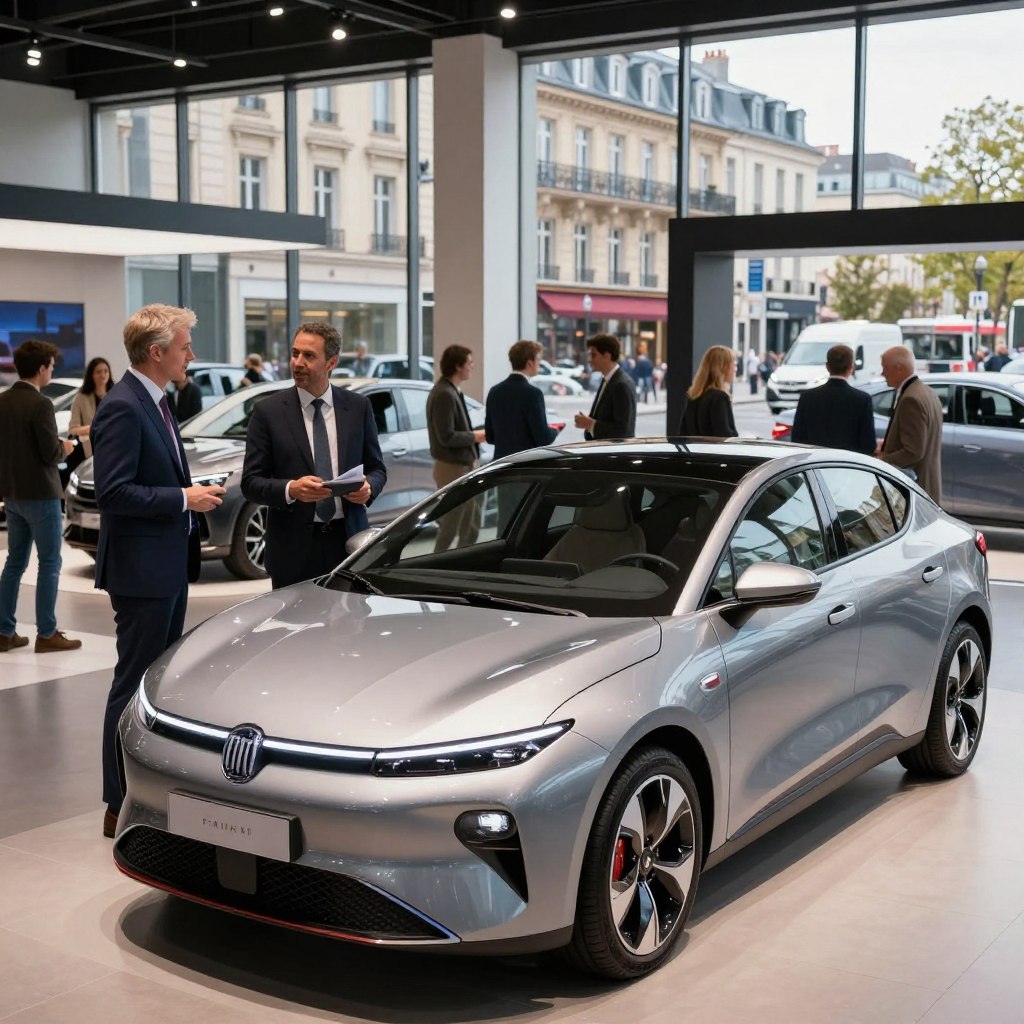 A modern automotive showroom featuring the latest Fiat models prominently displayed. In the foreground, a sleek, futuristic Fiat electric vehicle is showcased under soft, focused lighting that highlights its curves and design features. In the middle ground, diverse customers, dressed in smart casual business attire, are interacting with knowledgeable sales representatives who enthusiastically discuss the vehicle's innovative technology and features. The background offers a panoramic view of a bustling city street with elegant architecture, symbolizing the vibrancy of the automotive market in France. The mood is dynamic and hopeful, embodying the spirit of progress in the automotive industry. The natural light streaming through large windows creates an inviting ambiance.
