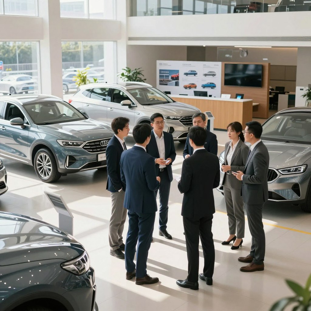 A modern car dealership interior, showcasing different models of vehicles in a clean and organized space. In the foreground, a diverse group of professional individuals, dressed in business attire, actively discussing their criteria for choosing a car. The middle features various car models on display, illuminated with bright, natural lighting from large windows. In the background, a well-organized sales area with informative brochures and visual aids about the car buying process. The atmosphere is focused and knowledgeable, conveying a sense of expertise and guidance, encouraging informed decisions. The composition should capture the interplay of light and shadow, emphasizing the sleek design of the cars while highlighting the engaged discussions among the individuals.