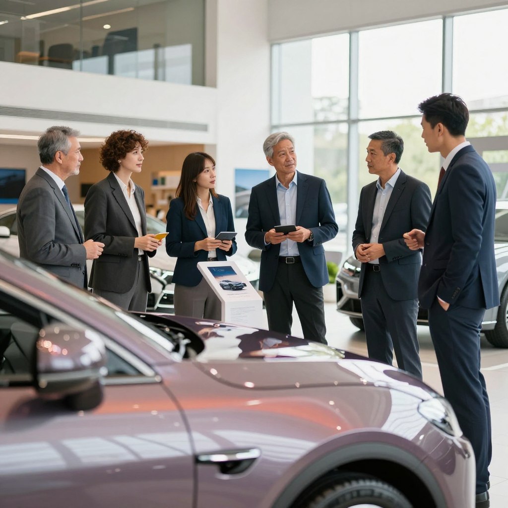 A modern car dealership setting, with a shiny new car prominently displayed in the foreground, emphasizing its sleek design and vibrant colors. Surrounding the car, a diverse group of well-dressed individuals, reflecting a mix of genders and ethnicities, engage in thoughtful discussion, examining features and comparing options. In the middle ground, informational displays showcase various car models and features, providing insight into newer technologies. The background features a stylish, contemporary dealership with large windows allowing soft natural light to flood the scene, creating a warm and inviting atmosphere. Use a slightly low-angle perspective to capture the grandeur of the dealership and enhance the car's prominence, with a bright and polished finish to convey an air of excitement and optimism about choosing the perfect new car.
