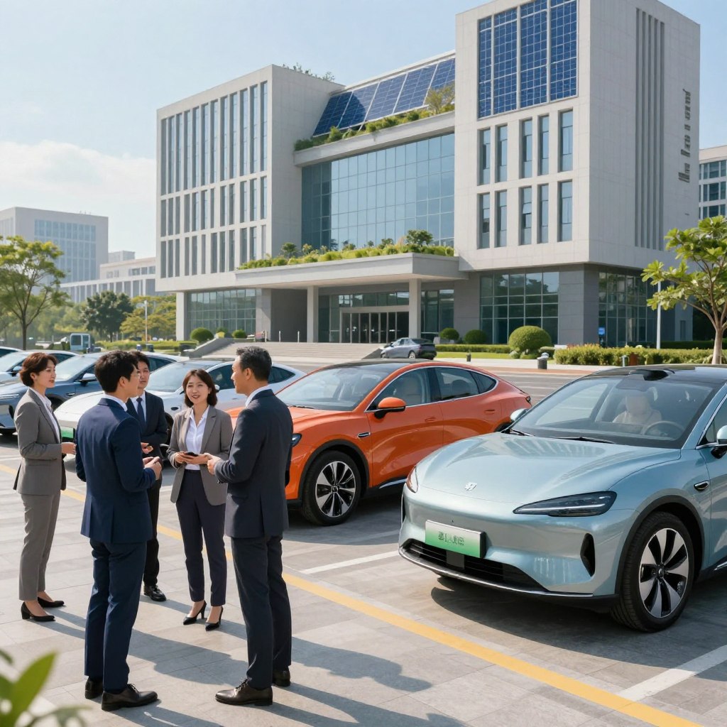 A modern cityscape showcasing several electric vehicles (EVs) parked elegantly along a futuristic government building, symbolizing progressive policies towards electric mobility. In the foreground, a diverse group of professionals in business attire are engaged in discussion, with their expressions reflecting a sense of optimism. The middle ground features sleek, well-designed EV models, prominently displayed with vibrant colors and innovative designs. In the background, the government building stands tall, integrated with green technologies, like solar panels and greenery, under a clear blue sky. The lighting is bright and inviting, creating an atmosphere of hope and advancement, with the sun illuminating the scene at a slight angle to create soft shadows. The overall mood is one of innovation and collaboration, reflecting the impact of government policies on the future of electric vehicles.