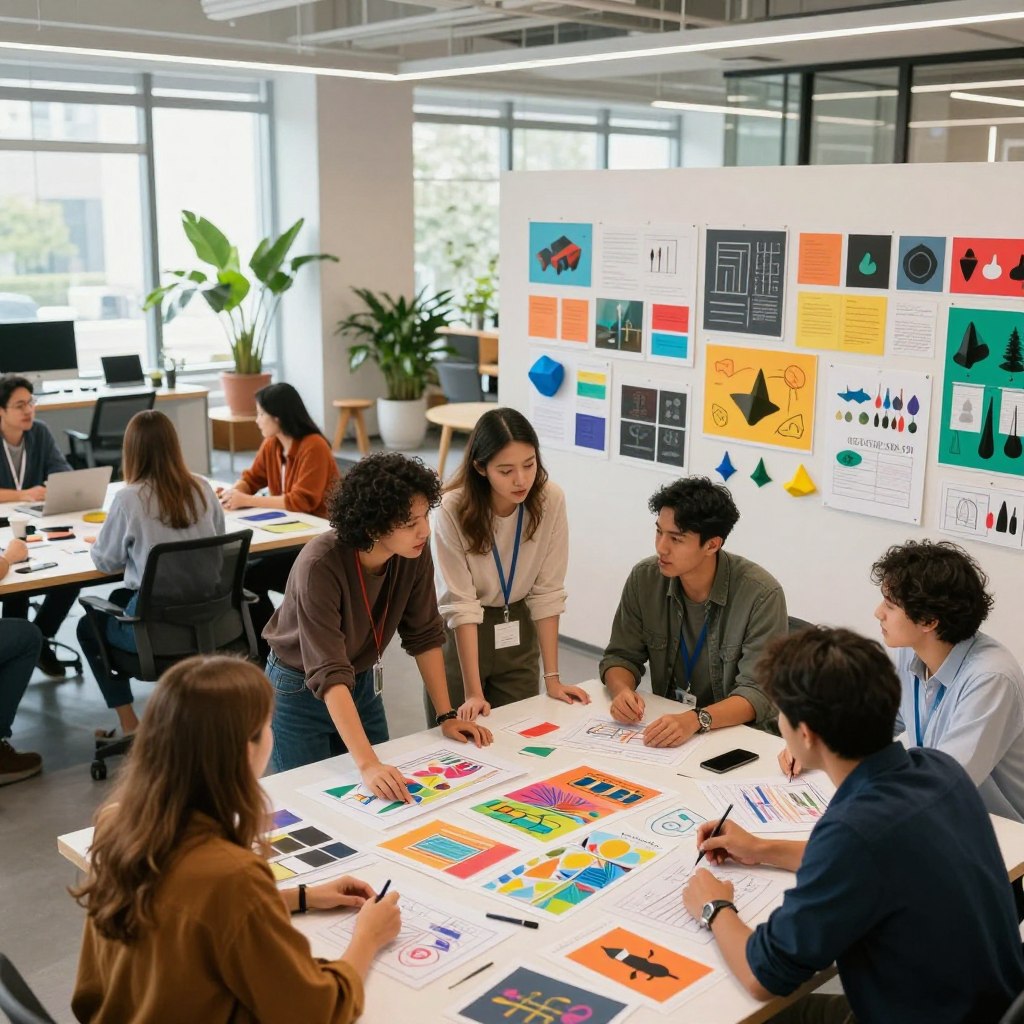 A modern, collaborative workspace showcasing successful design models. In the foreground, a diverse group of professionals in smart casual attire is engaged in discussing vibrant design sketches at a large table. The middle ground features colorful mood boards, 3D printed prototypes, and vibrant, inspiring design layouts pinned on the walls. In the background, large windows flood the space with natural light, highlighting an open-plan office filled with greenery and contemporary furniture. The atmosphere is dynamic and creative, with a sense of innovation and collaboration. The camera angle is slightly elevated, capturing both the details of the design elements and the energy of the group working together. The lighting is soft yet bright, creating an inviting and inspiring environment.