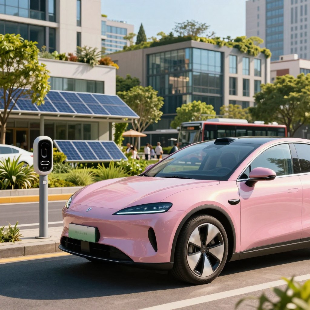 A modern electric car parked in an environmentally friendly urban landscape, emphasizing its sleek design with smooth curves and vibrant colors. In the foreground, focus on the car's stylish features like glowing LED headlights and innovative charging port. The middle ground showcases a bustling city street with greenery and solar panels, reflecting a sustainable future. In the background, tall buildings with large windows and rooftop gardens merge with a clear blue sky, creating a harmonious atmosphere. Warm sunlight bathes the scene, enhancing the car's shine and creating long shadows on the pavement. The overall mood is futuristic and optimistic, representing the advantages of electric vehicles as a smart choice for modern drivers.